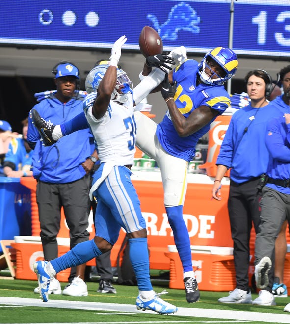 Lions defensive back  Jerry Jacobs picks up a penalty on a throw along the sidelines to Rams receiver Van Jefferson in the second quarter, giving Los Angeles a first down.