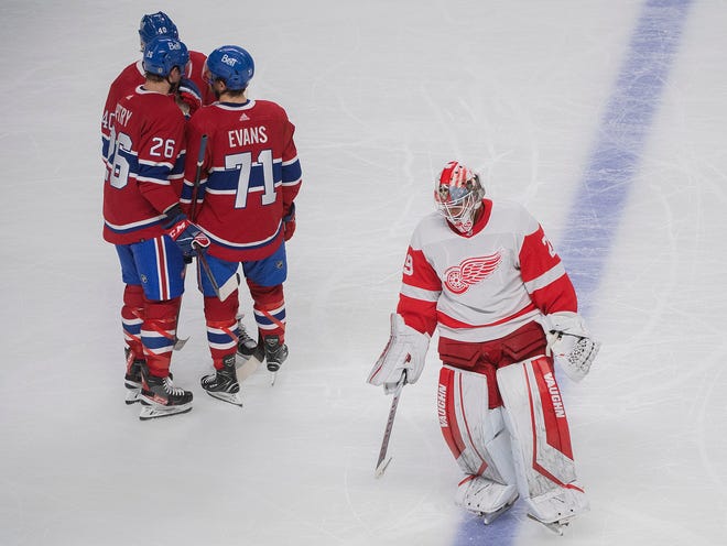 Red Wings goaltender Thomas Greiss skates off the ice after being pulled during the second period against the Canadiens.