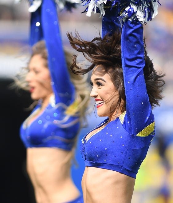 The Los Angeles Rams Cheerleaders keep the fans at Sofi Stadium cheering during a break in the action.