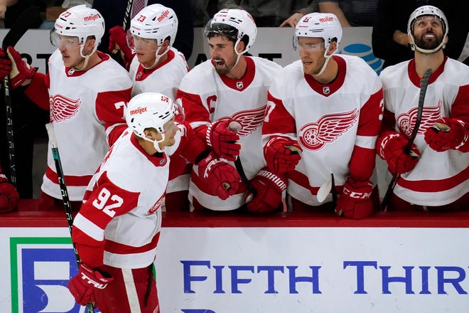 Red Wings center Vladislav Namestnikov (92) celebrates after scoring a goal during the second period.