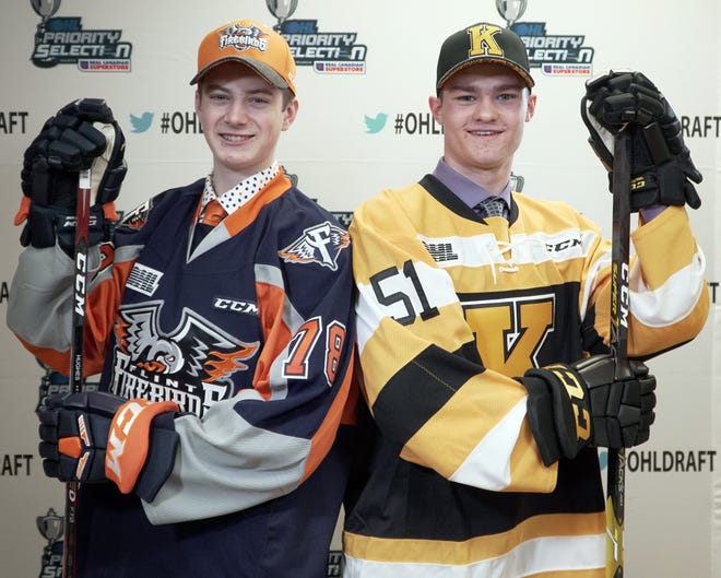 Shane Wright, right, and Brennan Othmann of the Don Mills Flyers were the first two picks in the 2019 Ontario Hockey League Priority Selection on April 6, 2019.
