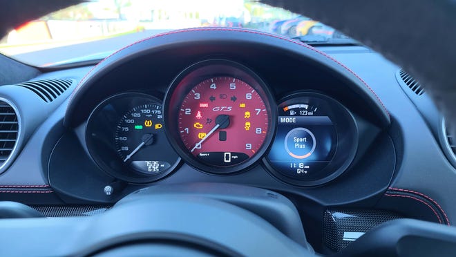 The analog gauges of the 2021 Porsche Cayman GTS display a wealth of digital information.
