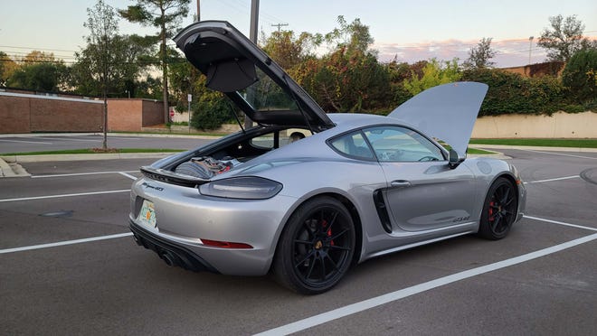 The 2021 Porsche Cayman GTS offers useful cargo room front and rear.
