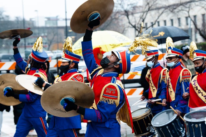Members of the Detroit Public Schools All-City High School Marching Band participate in America’s Thanksgiving Parade.