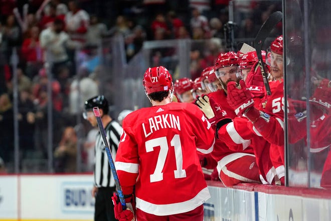 Detroit Red Wings center Dylan Larkin (71) celebrates his goal against the St. Louis Blues in the second period on Wednesday in Detroit.