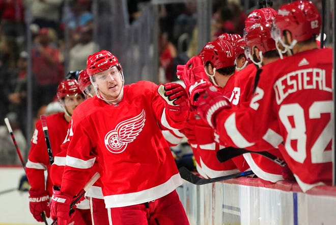 Detroit Red Wings left wing Adam Erne (73) celebrates his goal against the St. Louis Blues in the third period  on Wednesday at Little Caesars Arena in Detroit.