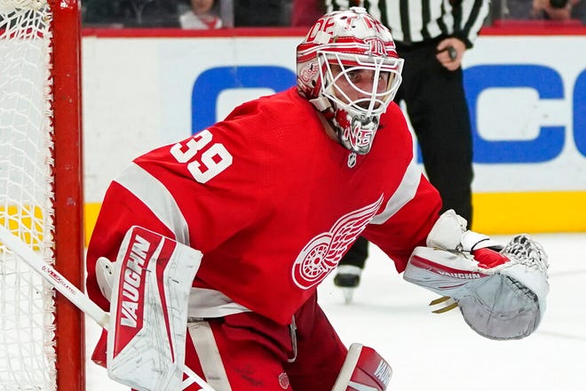 Detroit Red Wings goaltender Alex Nedeljkovic (39) plays against the St. Louis Blues in the third period  on Wednesday at Little Caesars Arena in Detroit.