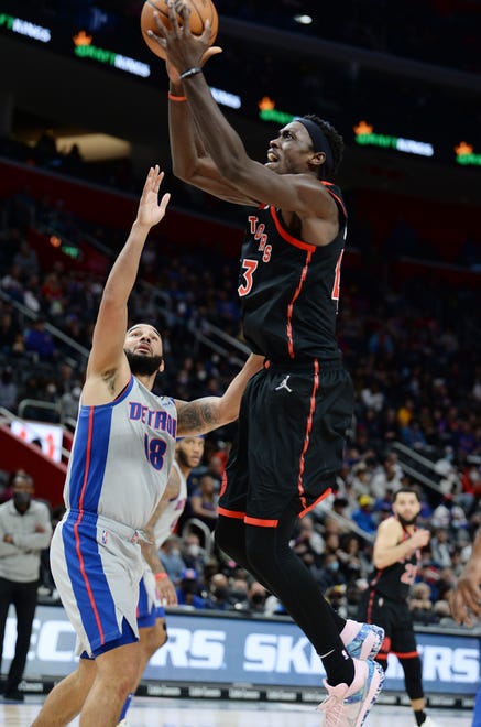 Toronto Raptors forward Pascal Siakam (43) scores over Detroit Pistons guard Cory Joseph (18) in the fourth quarter.