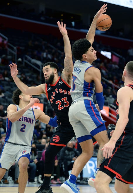 Toronto Raptors guard Fred VanVleet (23) and Detroit Pistons guard Killian Hayes (7) collide going for a loose ball in the second quarter.