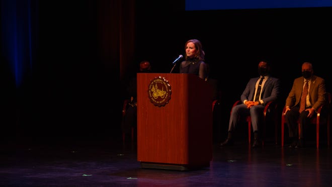 Council President Pro Tem Erin Byrnes shares her remarks at the City of Dearborn Inauguration Ceremony in Dearborn, Michigan on Saturday January 15th 2022.