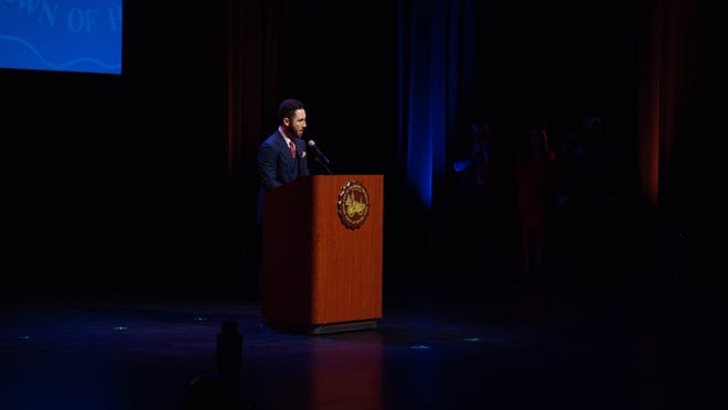 Mayor, Abdullah Hammoud gives his remarks during the City of Dearborn Inauguration Ceremony in Dearborn, Michigan on Saturday January 15th 2022.
