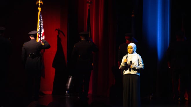 Maria Saad of the Dearborn Youth Theatre sings a phenomenal rendition of the National Anthem at the City of Dearborn Inauguration Ceremony in Dearborn, Michigan on Saturday January 15th 2022.