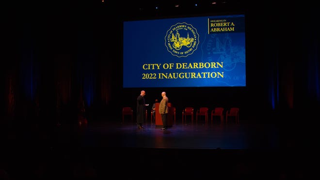 Judge Helal A Farhat swears in Councilman Robert Abraham at the City of Dearborn Inauguration Ceremony in Dearborn, Michigan on Saturday January 15th 2022.