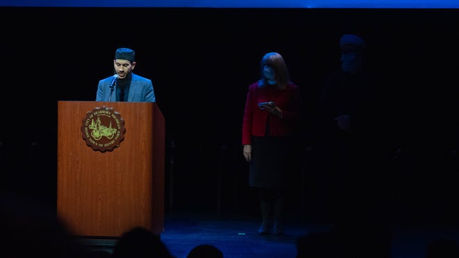 Imam Ahmad Hammoud from The Islamic Center of America gives the opening remarks during the Inauguration Ceremony in Dearborn, Michigan on Saturday January 15th 2022.