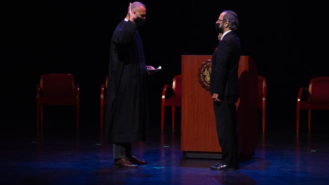 Judge Helal A Farhat swears in Clerk George T Darany at the City of Dearborn Inauguration Ceremony in Dearborn, Michigan on Saturday January 15th 2022.