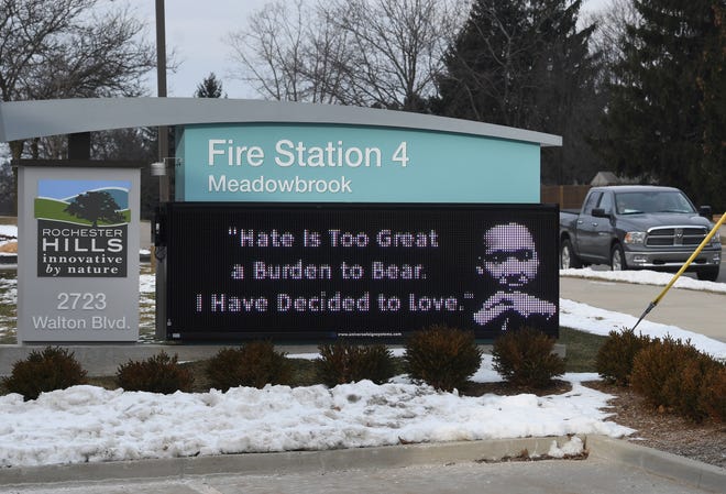A Rev. Martin Luther King Jr. quote is seen on the digital marquee at the Rochester Hills Fire Station 4 on Martin Luther King Jr. Day.