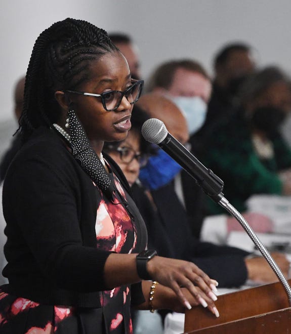Oakland County Commissioner Angela Powell speaks during the Rev. Martin Luther King Jr. 30th Annual Luncheon at St. George's Cultural Center in Pontiac, Michigan, on January 17, 2022.