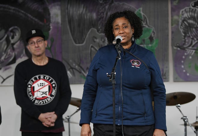 State Rep. Stephanie Young, D-Detroit, gives her remarks during a Martin Luther King Day program at Detroit Blight Busters Inc. in Detroit.