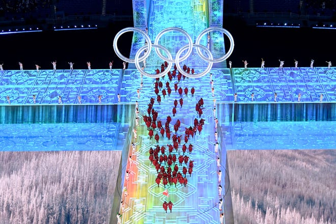 An overview of the delegation from Canada during the opening ceremony of the Beijing 2022 Winter Olympic Games, at the National Stadium, known as the Bird's Nest, in Beijing.
