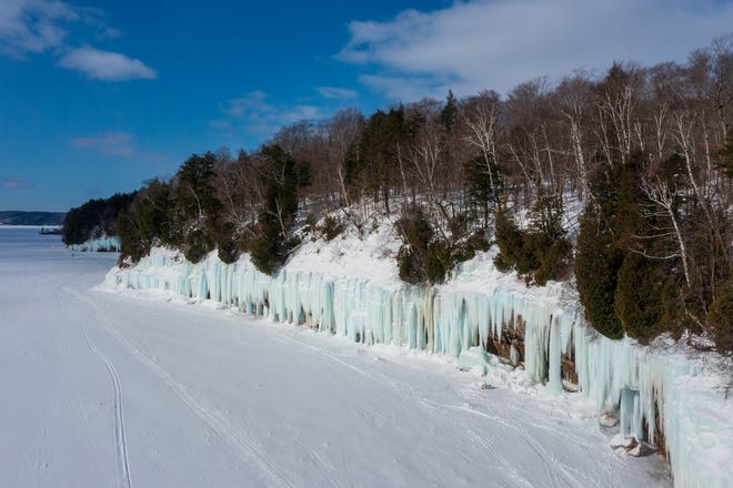 The east side of Grand Island in Lake Superior, near Munising, MI., is home to a 1 1/2 mile long stretch of ice formations, Thursday, March 3, 2022.