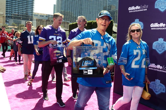 Detroit Lions fans on the pink carpet before the 2022 NFL Draft on April 28, 2022 in Las Vegas, Nevada.