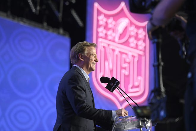 NFL Commissioner Roger Goodell speaks on stage to kick off round one of the 2022 NFL Draft on April 28, 2022 in Las Vegas, Nevada.
