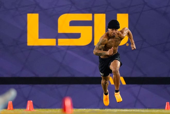 LSU cornerback Derek Stingley Jr., who did not attend draft in Las Vegas, running through drills during LSU Pro Day, is picked 3rd in the 2022 NFL Draft.