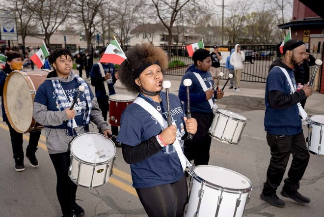 Band members from Voyager School District play during the 57th annual Cinco de Mayo Parade in Detroit on May 1, 2022.
