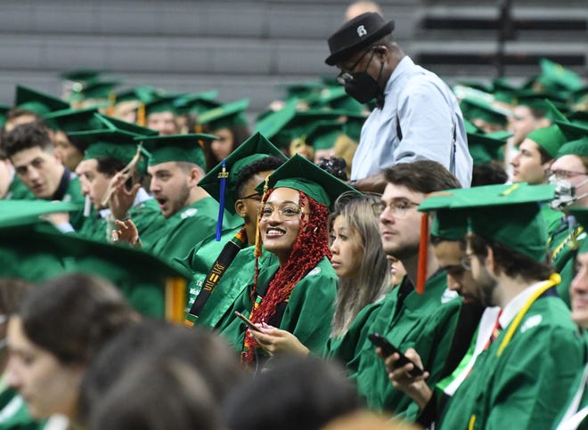 Graduating seniors before the Michigan State University commencement at the Breslin Center in E. Lansing, Michigan on May 6, 2022.