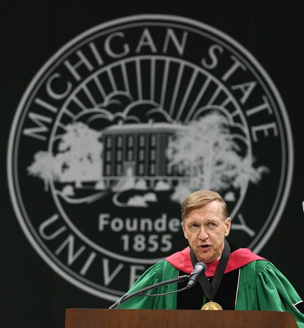 Michigan State University President Samuel Stanley Jr., M.D. during the Michigan State University commencement ceremony at the Breslin Center in E. Lansing, Michigan on May 6, 2022.