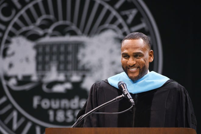 Commencement speaker, NBA and MSU basketball star Steve Smith addresses the graduating seniors during the Michigan State University commencement at the Breslin Center in E. Lansing, Michigan on May 6, 2022.