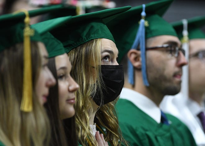 Graduating seniors during the Michigan State University commencement ceremony at the Breslin Center in E. Lansing, Michigan on May 6, 2022.