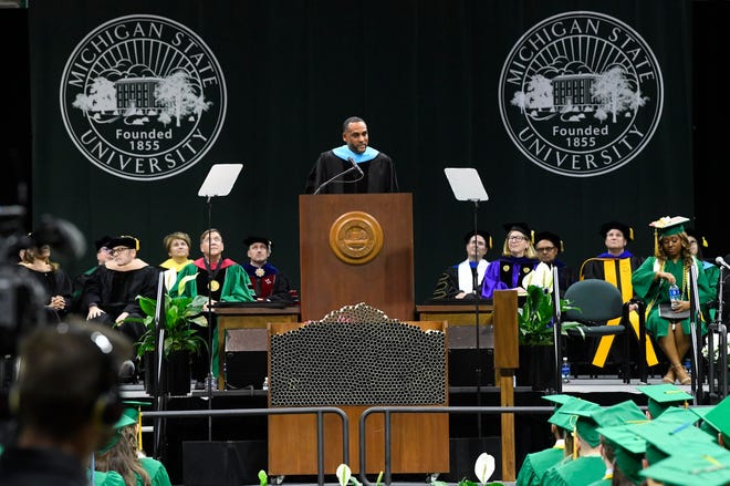 Commencement speaker, NBA and MSU basketball star Steve Smith addresses the graduating seniors during the Michigan State University commencement at the Breslin Center in E. Lansing, Michigan on May 6, 2022.