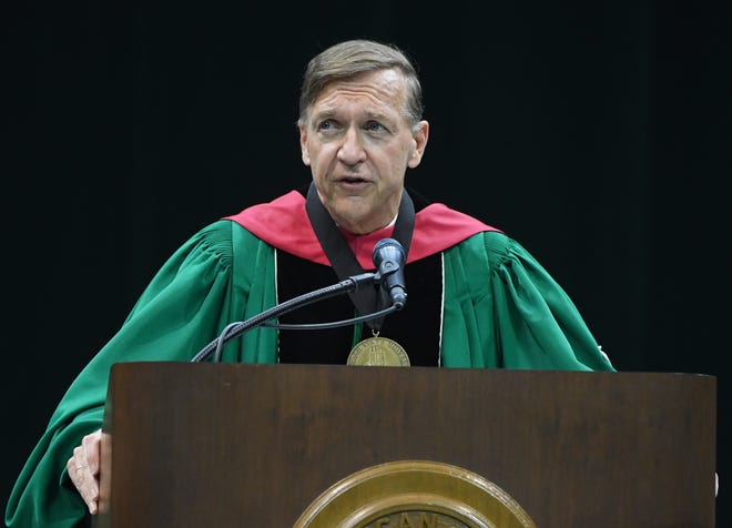 Michigan State University President Samuel Stanley Jr., M.D. during the Michigan State University commencement ceremony at the Breslin Center in E. Lansing, Michigan on May 6, 2022.