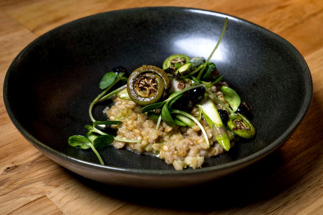 Vegan whole grain risotto with spring vegetables is pictured at Freya in Detroit on May 7, 2022.