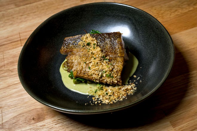 Lake Superior walleye with pistol and gremolata is pictured at Freya in Detroit on May 7, 2022.