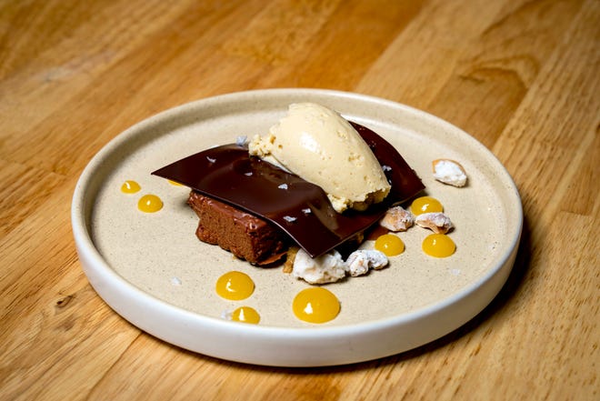 Chocolate with cashew, caramel and apricot is pictured at Freya in Detroit on May 7, 2022.