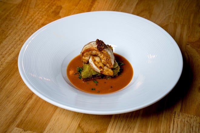 Key West shrimp with preserved tomato and poblano cornbread is pictured at Freya in Detroit on May 7, 2022.
