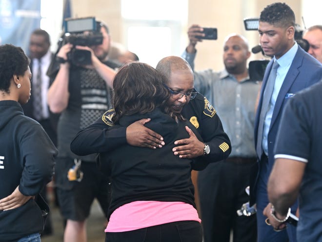 Detroit Police Chief James White embraces Ciera Milton, mother of Zion Foster, who disappeared on Jan. 5. 2022 as the Detroit Police Department announces Operation Justice for Zion, which is described as a collaborative recovery operation to bring Zion Foster home to her family during a news conference in Lenox Twp. on Thursday, May 12, 2022.