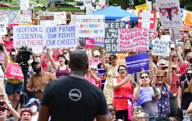 Hundreds of people listen to Michigan Lt. Governor Garlin Gilchrist III who spoke at a planned parenthood rally on Saturday, May 14, 2022.