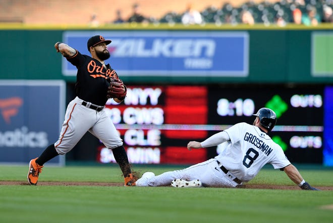 Orioles second baseman Rougned Odor throws to first base to complete a double play as Tigers' Robbie Grossman slides into second base during the first inning.