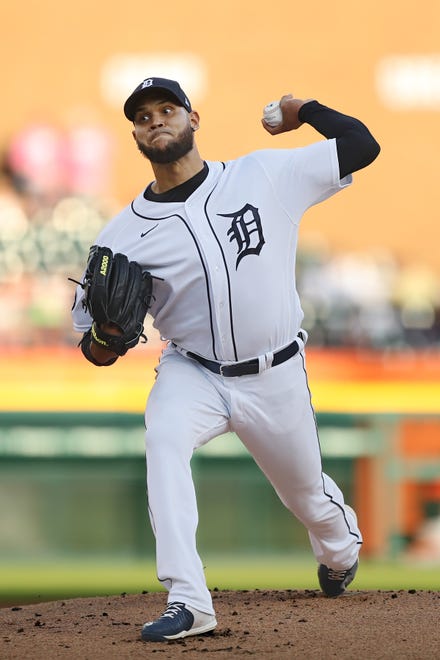 Tiger Eduardo Rodriguez #57 throws a pitch in the first inning.