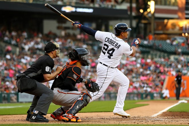 Tiger Miguel Cabrera #24 hits an RBI double in the third inning.