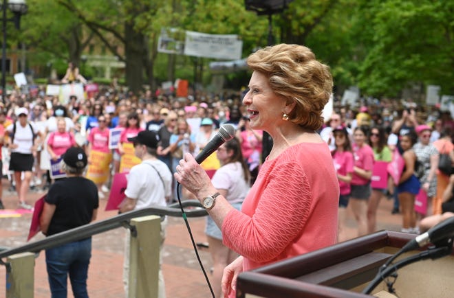 Sen. Debbie Stabenow speaks to hundreds gathered at the University of Michigan for a planned parenthood rally.