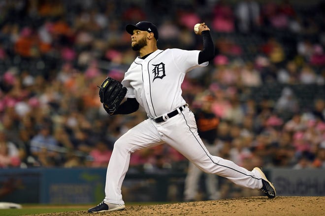 Tigers starting pitcher Eduardo Rodriguez throws to a Baltimore Orioles batter during the seventh inning.