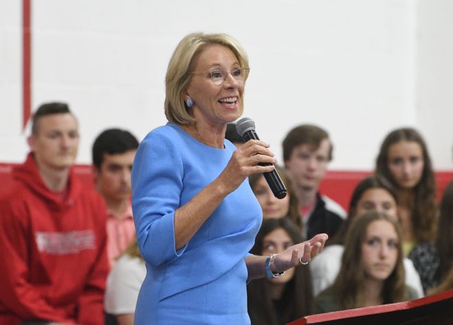 Former U.S. Education Secretary Betsy DeVos addresses private school Lutheran High School Northwest students about a school of choice tax credit ballot initiative.