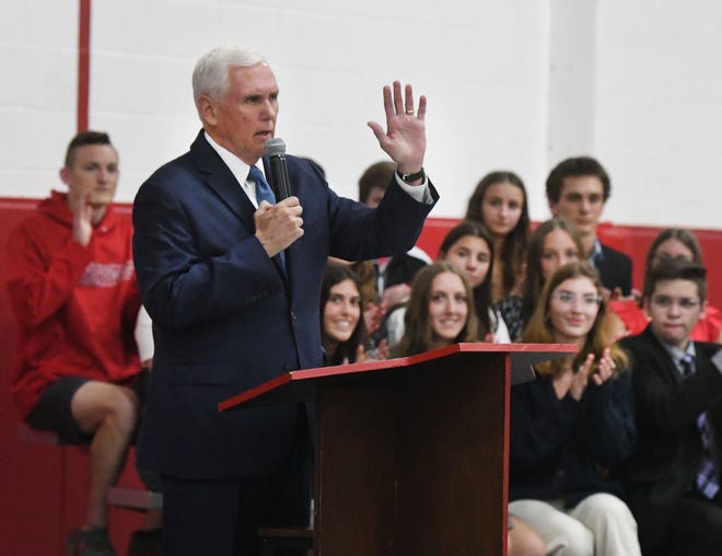 Former Vice President Mike Pence addresses private school Lutheran High School Northwest students about a school of choice tax credit initiative.