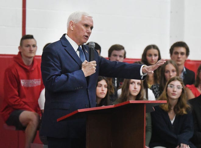 Former Vice President Mike Pence addresses private school Lutheran High School Northwest students in Rochester Hills.