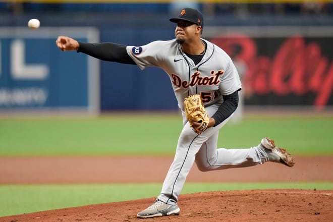 Detroit Tigers relief pitcher Rony Garcia delivers to the Tampa Bay Rays during the first inning.