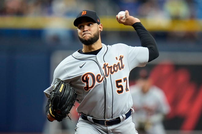 Detroit Tigers starting pitcher Eduardo Rodriguez delivers to the Tampa Bay Rays during the first inning.